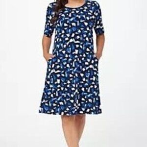 Susan Graver Dress XL Fit & Flare Geometric Navy w/ Perriwinkle Cobalt White